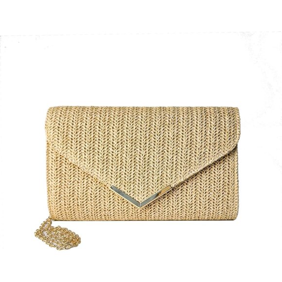 Boho Woven Rattan Summer Straw Clutch Bag with Chain Strap for Women Party Weddi - Picture 1 of 8